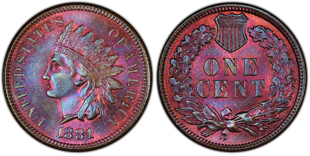 Side-by-side comparison of normal 1881 Indian Head Penny date versus Snow-2 RPD-002 showing secondary '1' digit impression