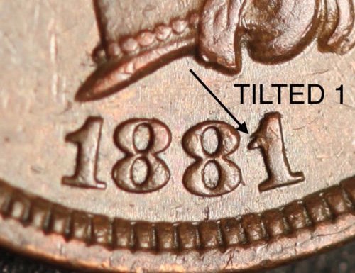1881 Indian Head Penny Snow-2 RPD-002 showing secondary '1' digit repunched south of primary in the date