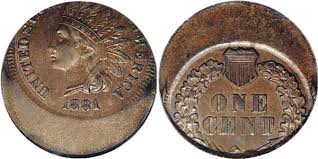 1881 Indian Head Penny off-center mint error showing blank planchet area with full date retained