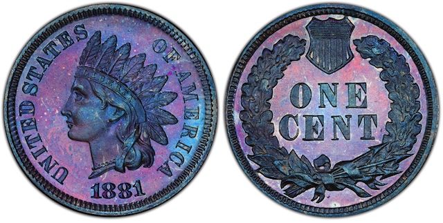 1881 Indian Head Penny grading strip showing four condition tiers: Good, Fine, Extremely Fine, and Mint State